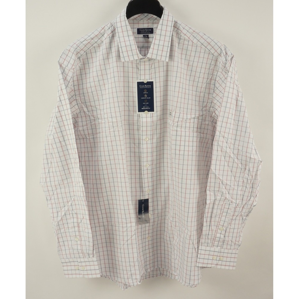 New $60 Club Room Performance Cotton Men's 18.5 36-37 White Check Dress‎ Shirt